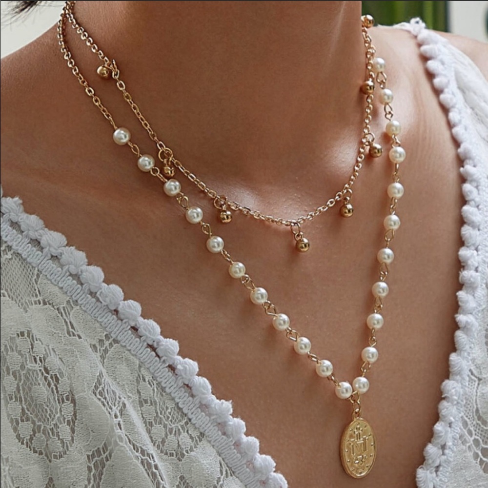 Gold Layered Pearl Oval Religious Medal Necklace - Picture 2 of 6